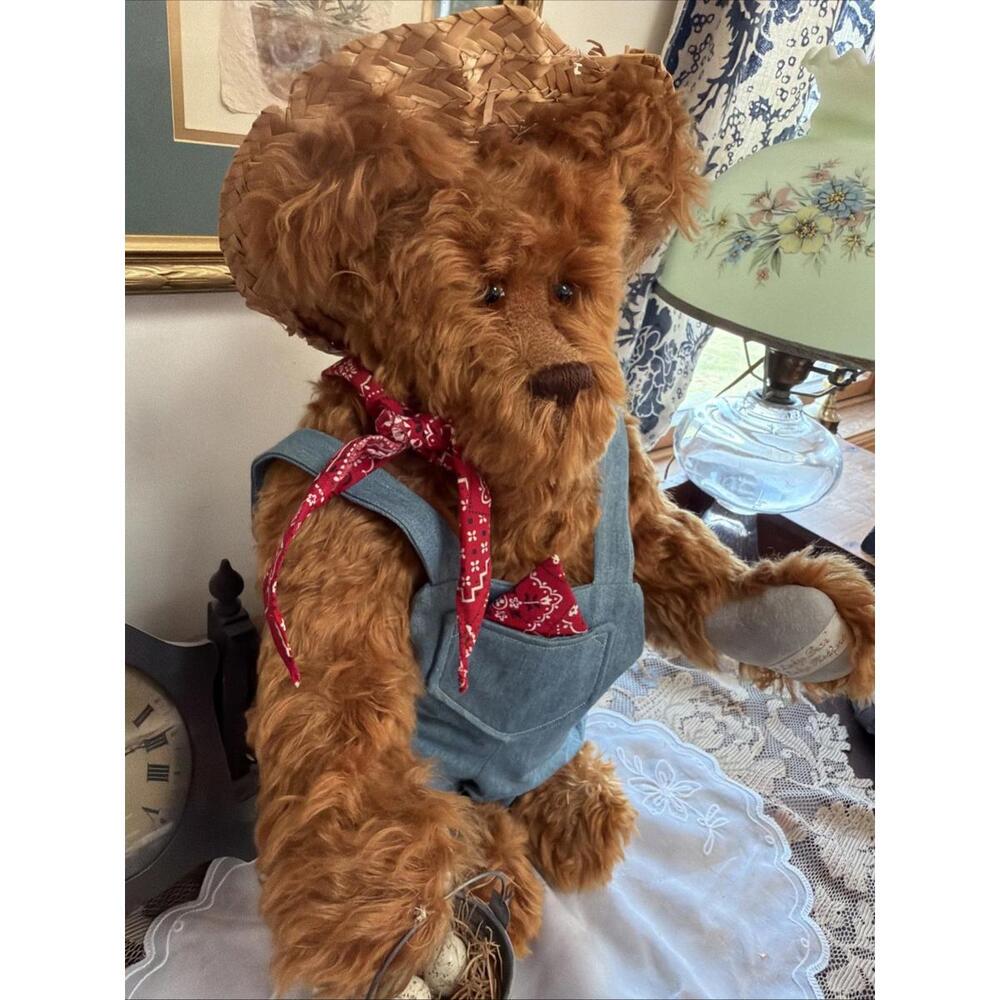 Large Mohair Teddy Bear 18” Farmer Overalls Egg Pail By Luckeye Medford Signed - Picture 3 of 14